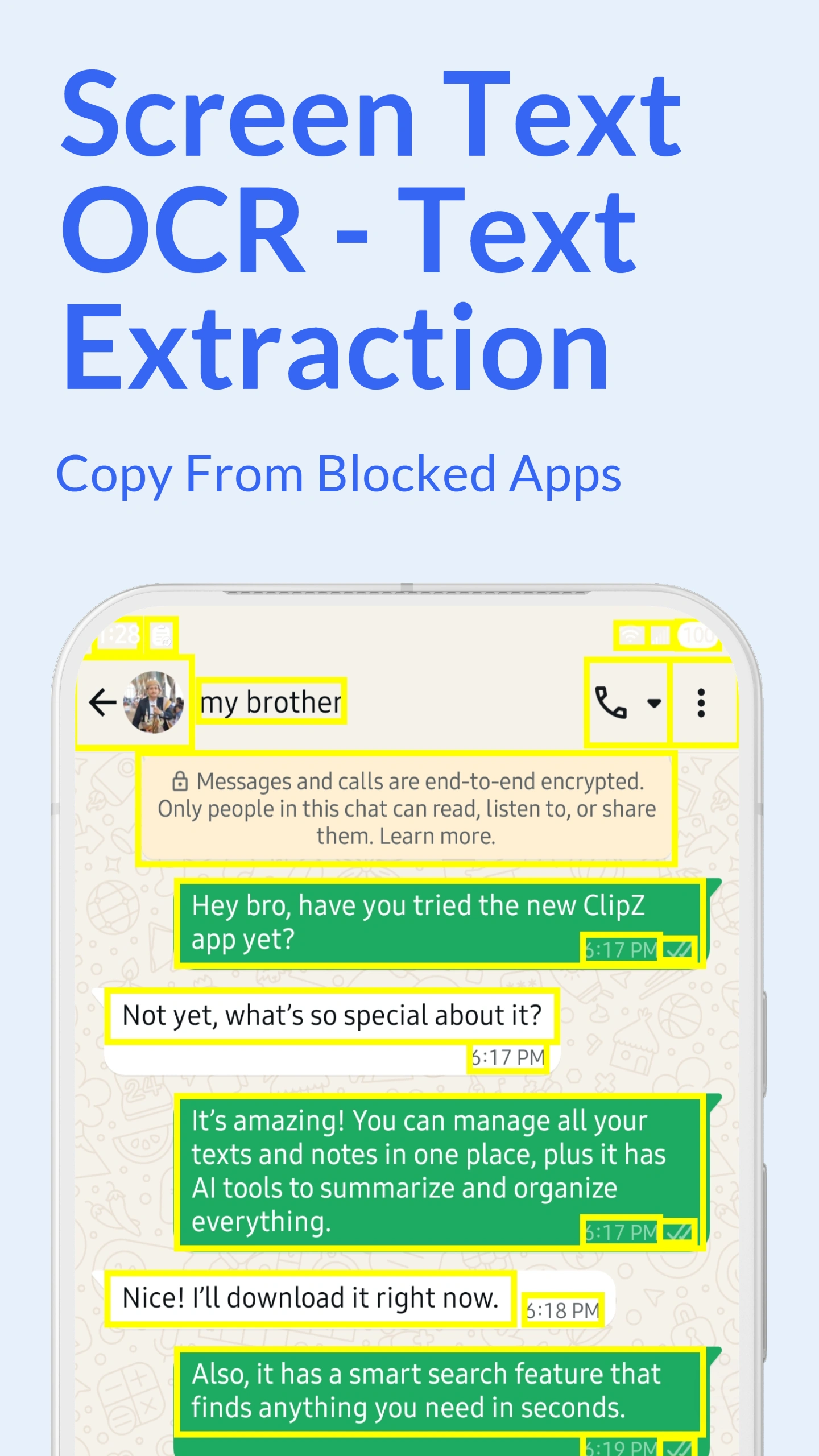 ClipZ Screen Scanner OCR showing access methods including floating bubble, quick settings tile, and long-press button shortcuts