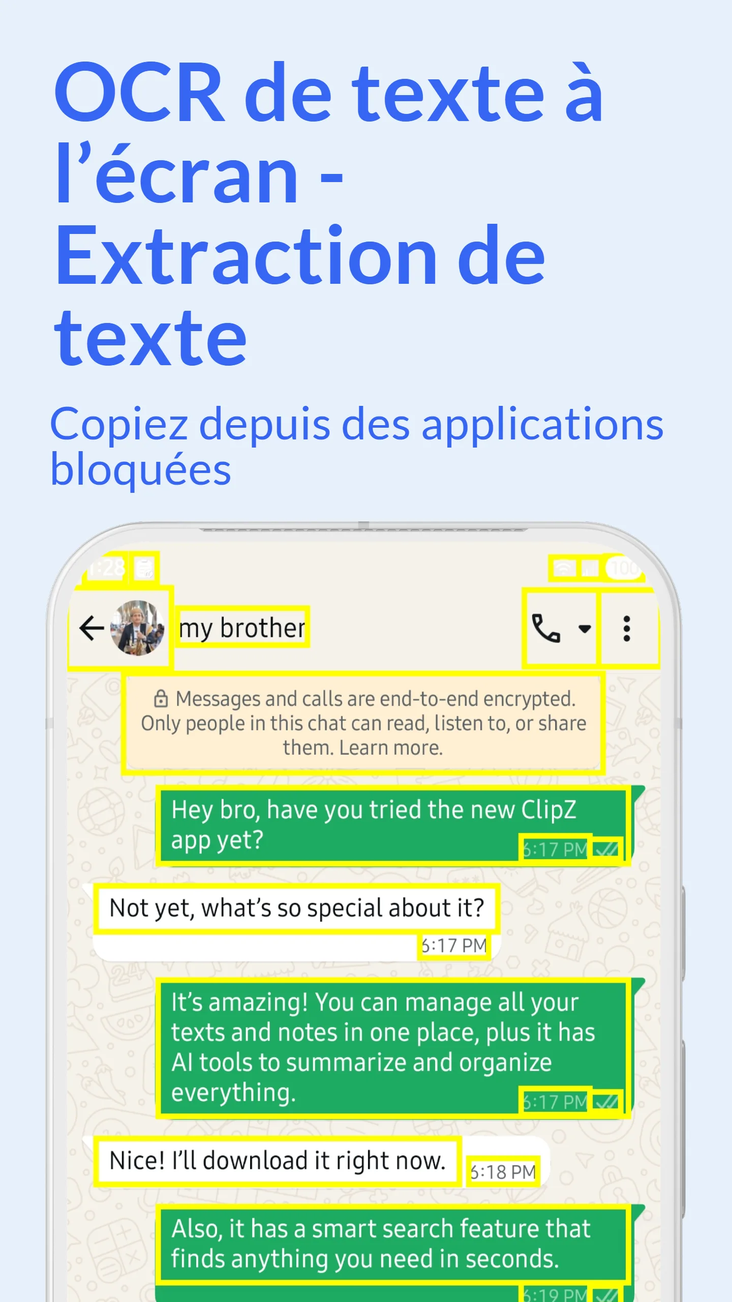 Scanner d'écran ClipZ OCR montrant les méthodes d'accès, y compris la bulle flottante et les raccourcis des boutons
